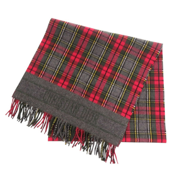 Like new Christian Dior Check 95TAR202I102 Wool Red Large Scarf/Stole 1788